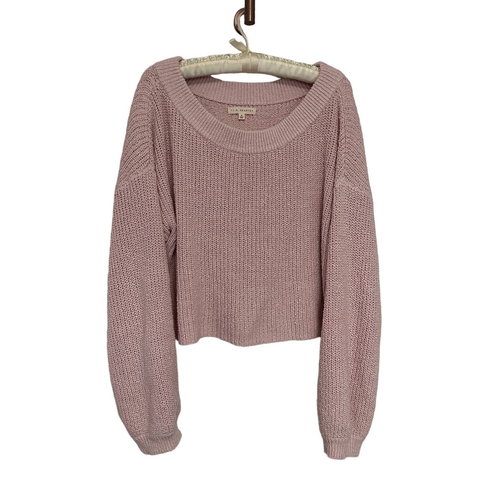 𝅺LA Hearts Medium Cropped Sweater Chunky Knit Pink Blush Scoop Neck Coquette